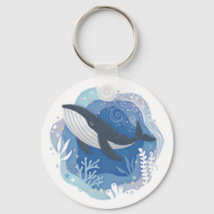Whale & Corals in Ocean Paper Art Illustration Key Ring