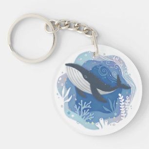 Whale & Corals in Ocean Paper Art Illustration Key Ring