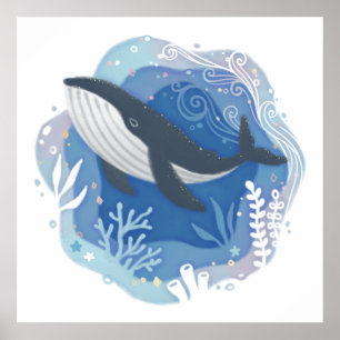 Whale & Corals in Ocean Paper Art Illustration Poster