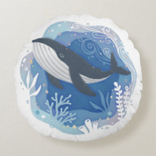 Whale & Corals in Ocean Paper Art Illustration Round Cushion