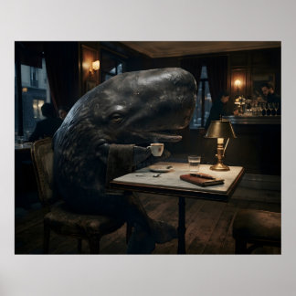 Whale drinking coffee in bar poster