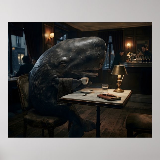 Whale drinking coffee in bar poster (Front)