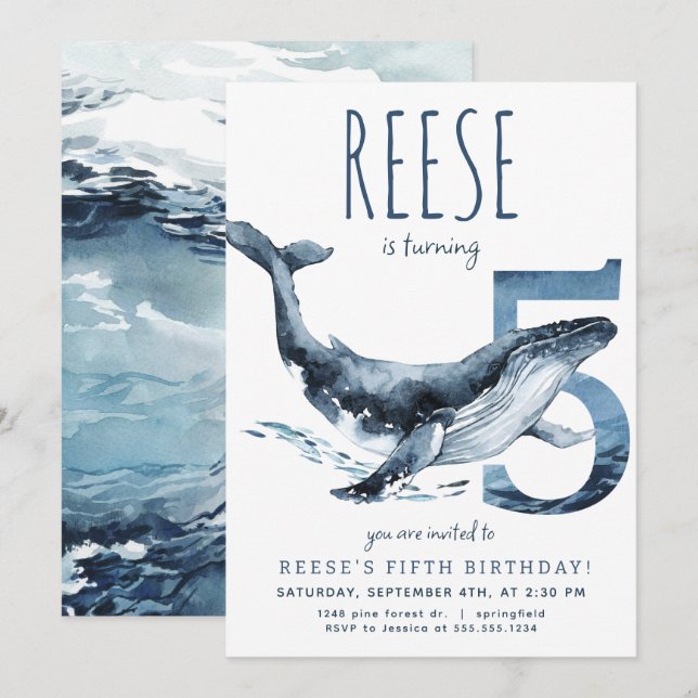 Whale Fifth Birthday Invitation (Front/Back)