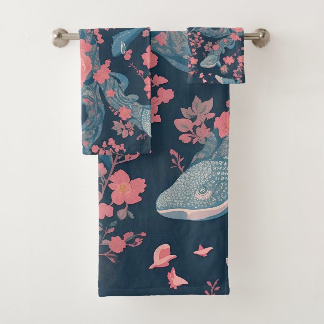 Whale Floral Colourful Personalised Pattern Bath Towel Set (Insitu)