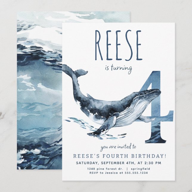 Whale Fourth Birthday Invitation (Front/Back)
