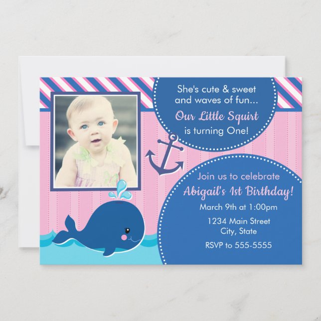 Whale Girl Birthday Invitation 5x7 1st Birthday (Front)