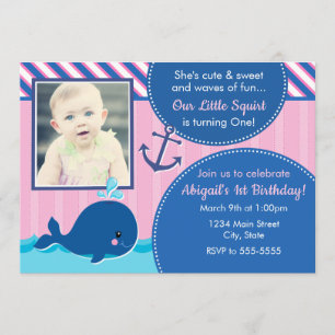 Whale Girl Birthday Invitation 5x7 1st Birthday