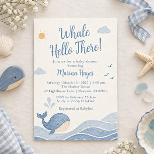 Whale Hello There Blue Ocean Waves Baby Boy Shower Invitation