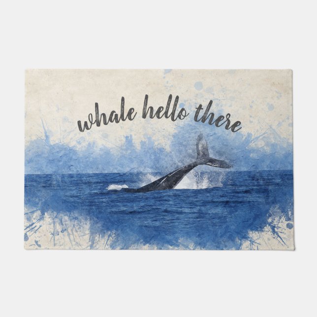 Whale hello there funny cute nautical watercolor doormat (Front)