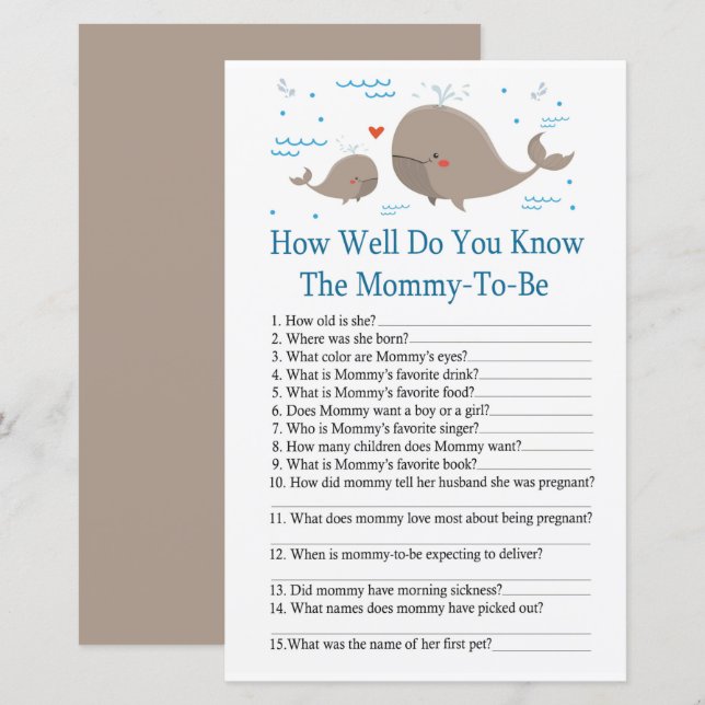 Whale How well do you know baby shower game (Front/Back)