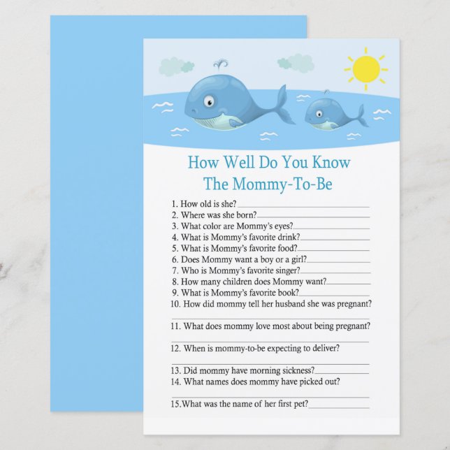 Whale How well do you know baby shower game (Front/Back)