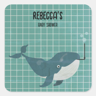 Whale in pool baby shower square sticker