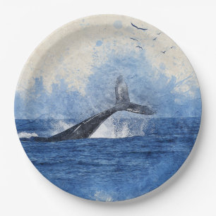 Whale in Sea Birds in Distance Art Decor Gift Paper Plate