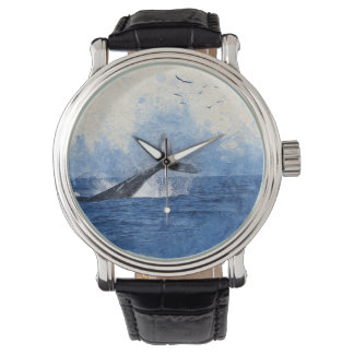 Whale in Sea Birds in Distance Art Decor Gift Watch