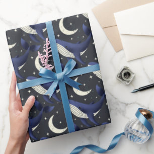 Whale in the Stars with the moon on dark blue Wrapping Paper