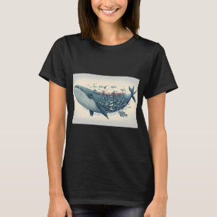 Whale in water with fish. Hand drawn illustration. T-Shirt