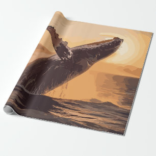 Whale Jumping Sunset Over Ocean Watercolor Art Wrapping Paper