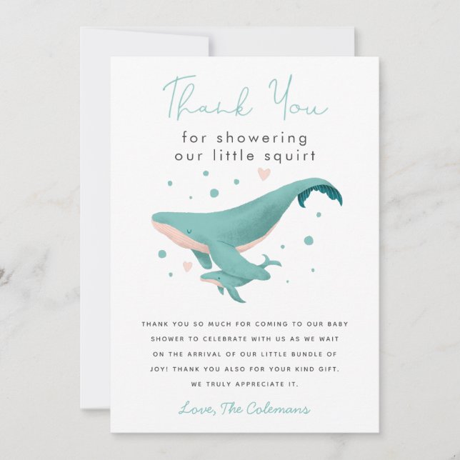 Whale Little Squirt Baby Shower Thank You Card (Front)