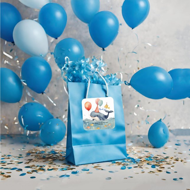 Whale Make a Splash Boys Birthday Thank You  Square Sticker (Creator Uploaded)