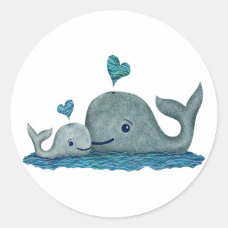 Whale Mum and Baby Swimming in the Sea Classic Round Sticker