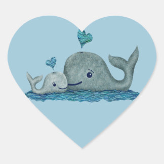 Whale Mum and Baby Swimming in the Sea Heart Sticker
