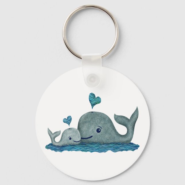 Whale Mum and Baby Swimming in the Sea Key Ring (Front)