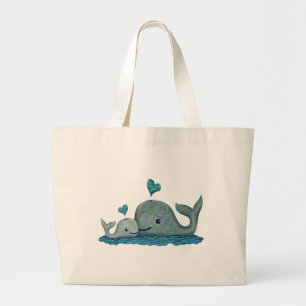 Whale Mum and Baby Swimming in the Sea Large Tote Bag
