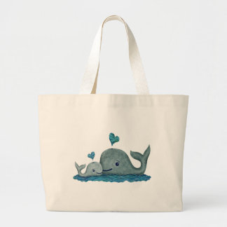 Whale Mum and Baby Swimming in the Sea Large Tote Bag