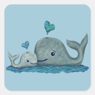 Whale Mum and Baby Swimming in the Sea Square Sticker