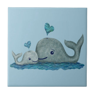 Whale Mum and Baby Swimming in the Sea Tile