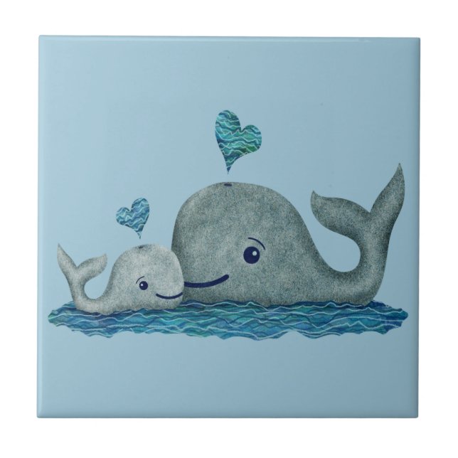Whale Mum and Baby Swimming in the Sea Tile (Front)