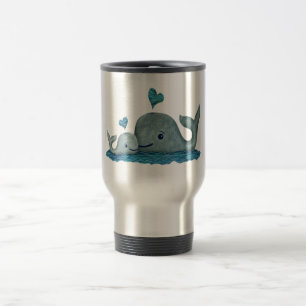 Whale Mum and Baby Swimming in the Sea Travel Mug