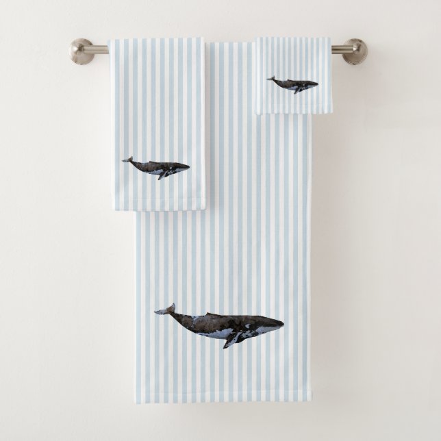Whale Nautical Blue Stripe Painting Bath Towel Set (Insitu)