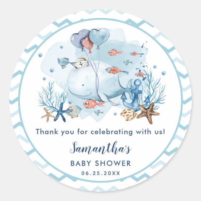 Whale Nautical Boy Baby Shower Thank You Favour Classic Round Sticker (Front)