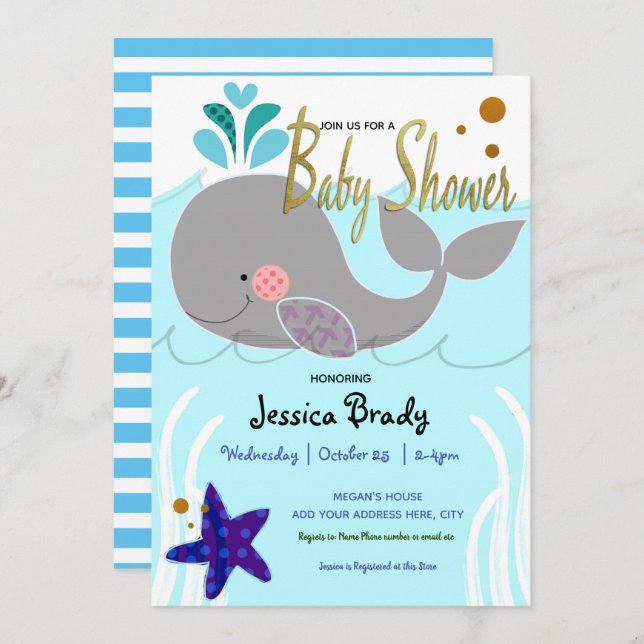 Whale Nautical Faux Gold Script Baby Shower Invitation (Front/Back)