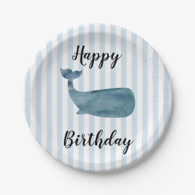 Whale Nautical Happy Birthday Stripe Paper Plates (Front)