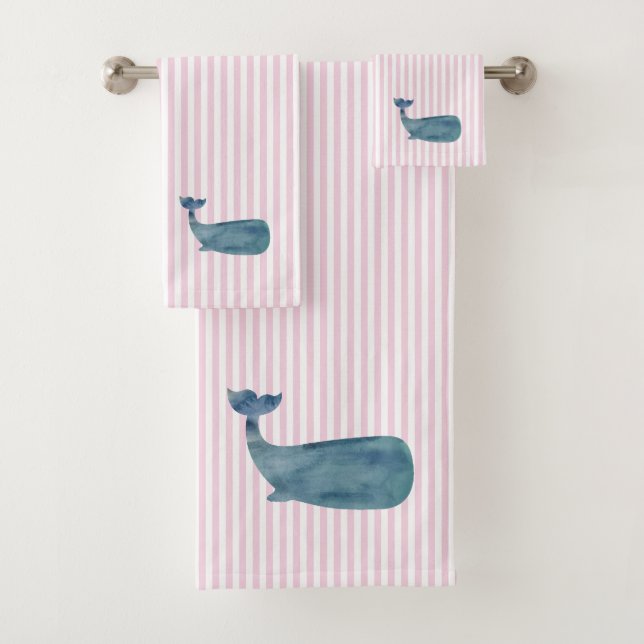 Whale Nautical Pink Stripe Painting Bath Towel Set (Insitu)