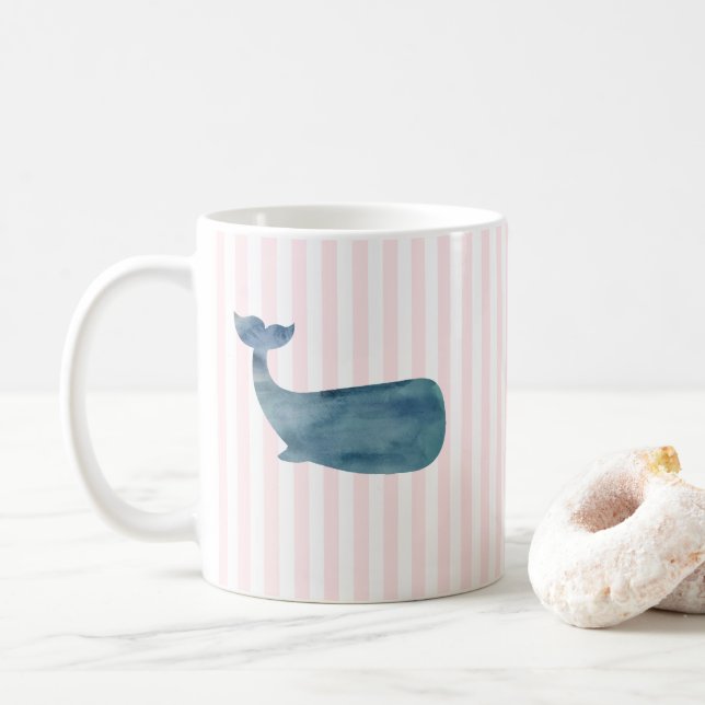 Whale Nautical Pink Stripe Pattern Coffee Mug (With Donut)