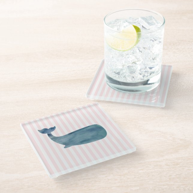 Whale Nautical Pink Stripe Pattern Glass Coaster (Angled)