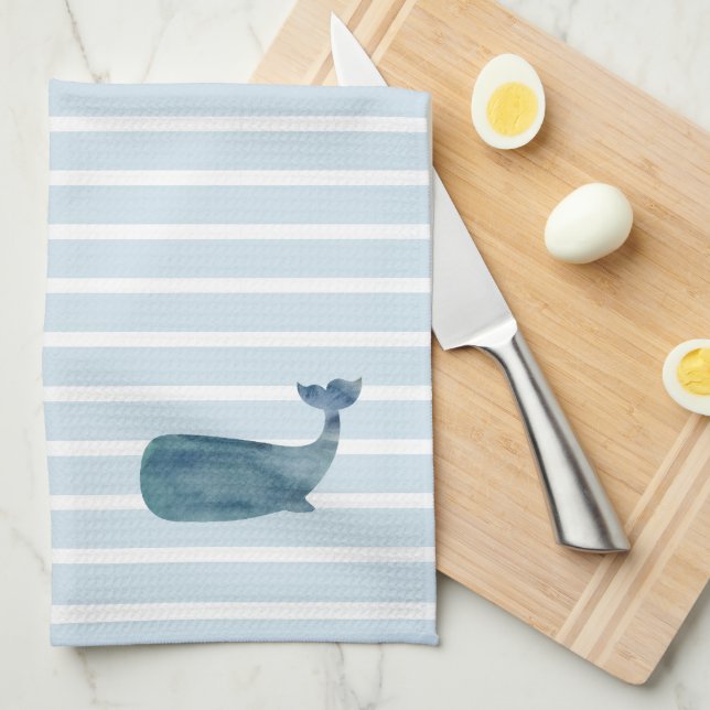 Whale Nautical Stripe Tea Towel (Quarter Fold)