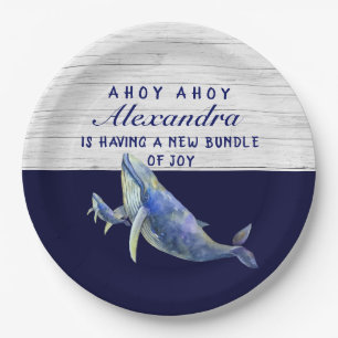 Whale Navy Blue Nautical Boy Baby Shower Paper Plate