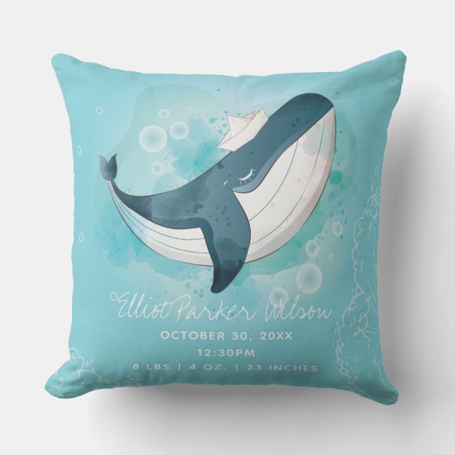 Whale Ocean Little Man Birth Stats Cushion (Front)