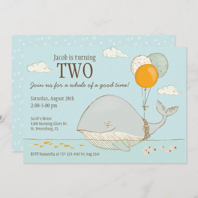 Whale of a Good Time 2nd Birthday Nautical Theme Invitation (Front/Back)