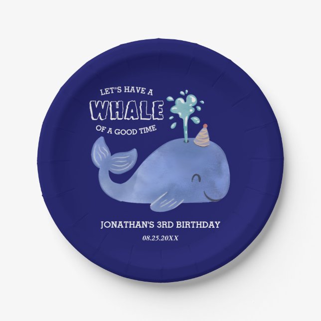 Whale Of A Time Cute Party Hat Navy Birthday  Paper Plate (Front)