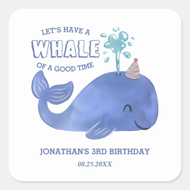 Whale Of A Time Cute Party Hat White Birthday  Square Sticker (Front)