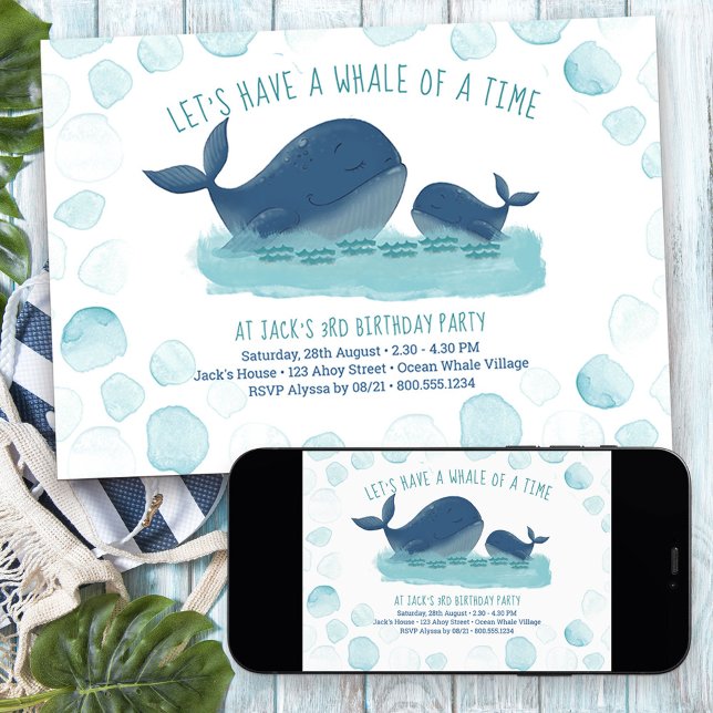 Whale of a Time Happy Ocean Whales Boys Birthday Invitation (Whale of a Time nautical themed birthday invitation)