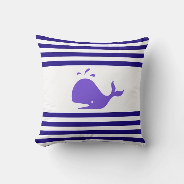 Whale on Nautical Navy Blue and White Striped Cushion (Front)