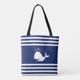 Whale on Navy Blue and White Striped Tote Bag