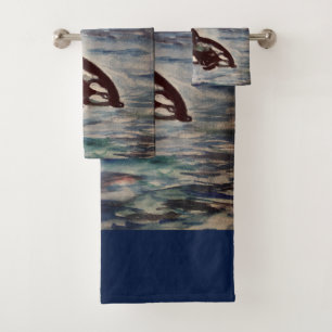 Whale, Orca Watercolor drawing Bathroom Towel Set