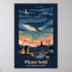 Whale Over Night Town Woodblock Style Poster